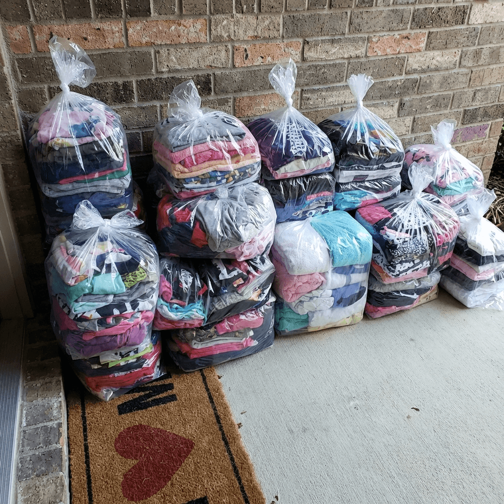 Fresh laundry bags delivered to a Winnipeg home porch by Blessed Cleaners